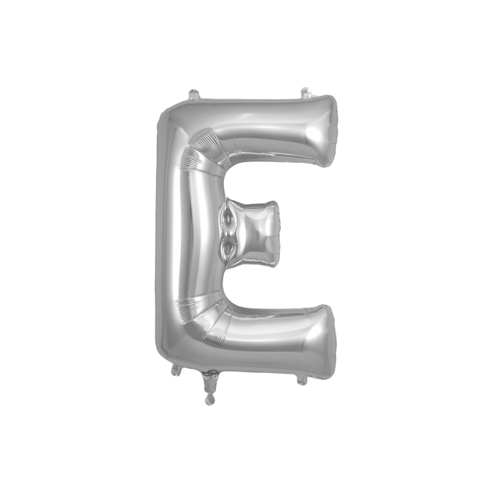 Silver 34in letter E foil balloon for birthday parties – from Parte Haus party supply store in Bethesda, MD.