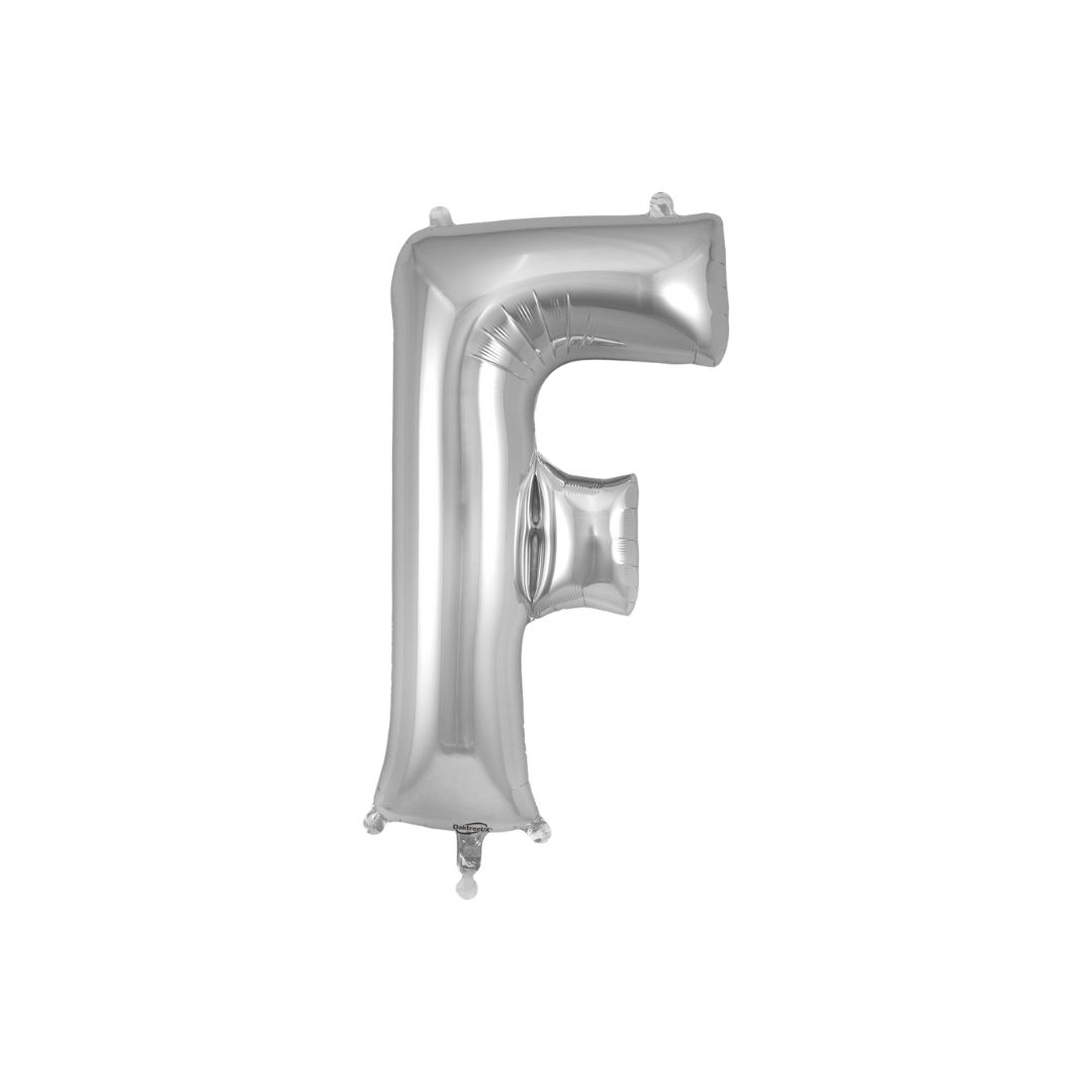 Silver 34in letter F foil balloon for birthday parties – from Parte Haus party supply store in Bethesda, Maryland.