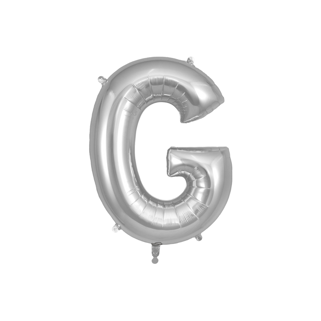 Silver 34in letter G foil balloon for birthday parties – from Parte Haus party supply store in Bethesda, MD.
