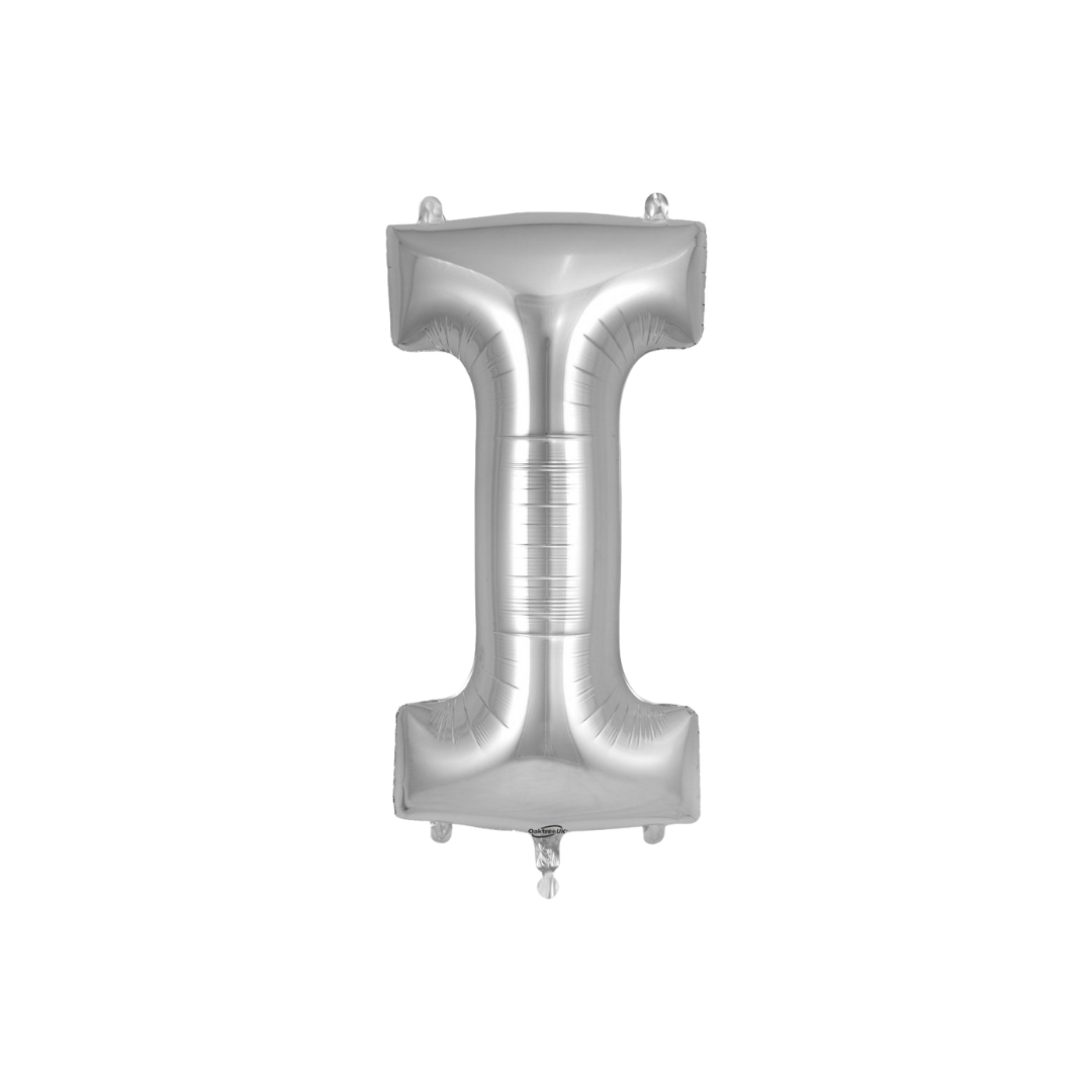 Silver 34in letter I foil balloon for birthday parties – from Parte Haus party supply store in Bethesda, MD.