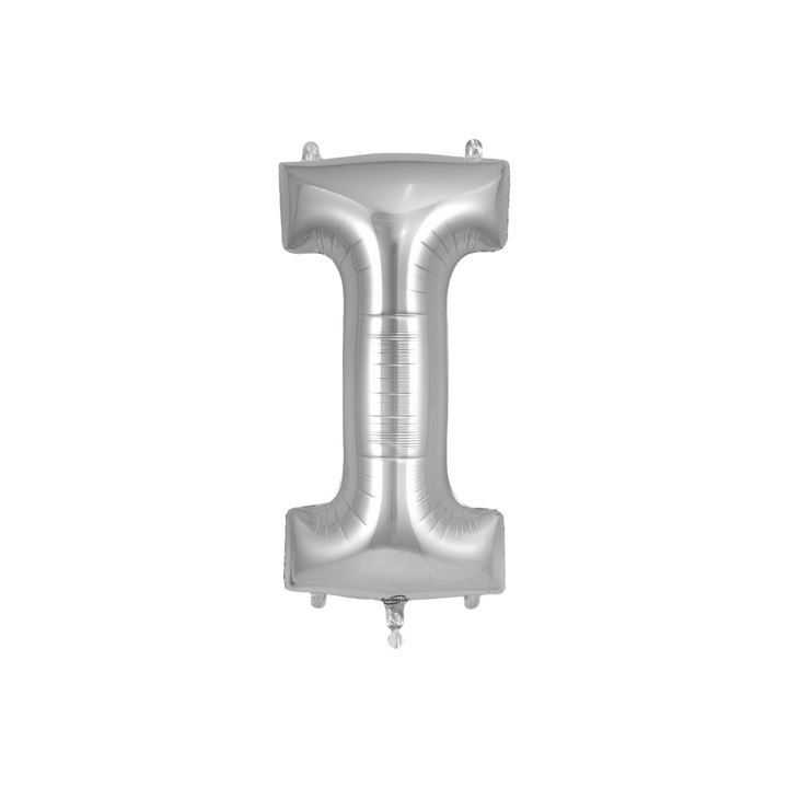 Silver 34in letter I foil balloon for birthday parties – from Parte Haus party supply store in Bethesda, MD.