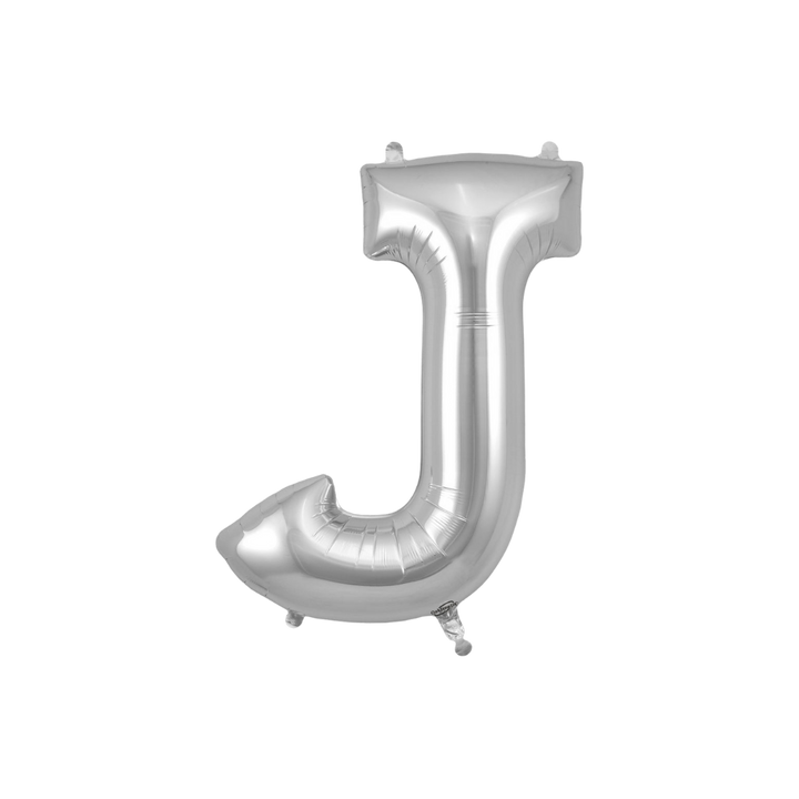 Silver 34in letter J foil balloon for birthday parties – from Parte Haus party supply store in Bethesda, Maryland.