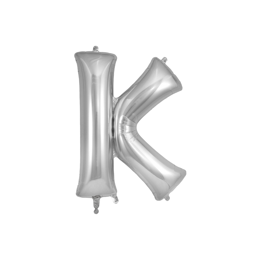 Silver letter K foil balloon for birthday party from Parte Haus party supply store in Bethesda Maryland