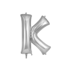 Silver letter K foil balloon for birthday party from Parte Haus party supply store in Bethesda Maryland