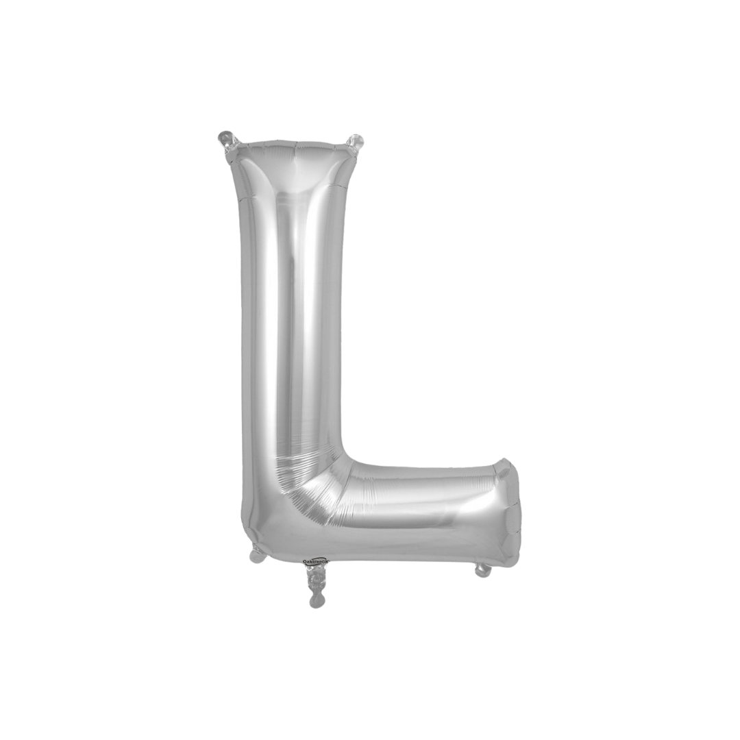 Silver 34in letter L foil balloon for birthday parties – from Parte Haus party supply store in Bethesda, Maryland.