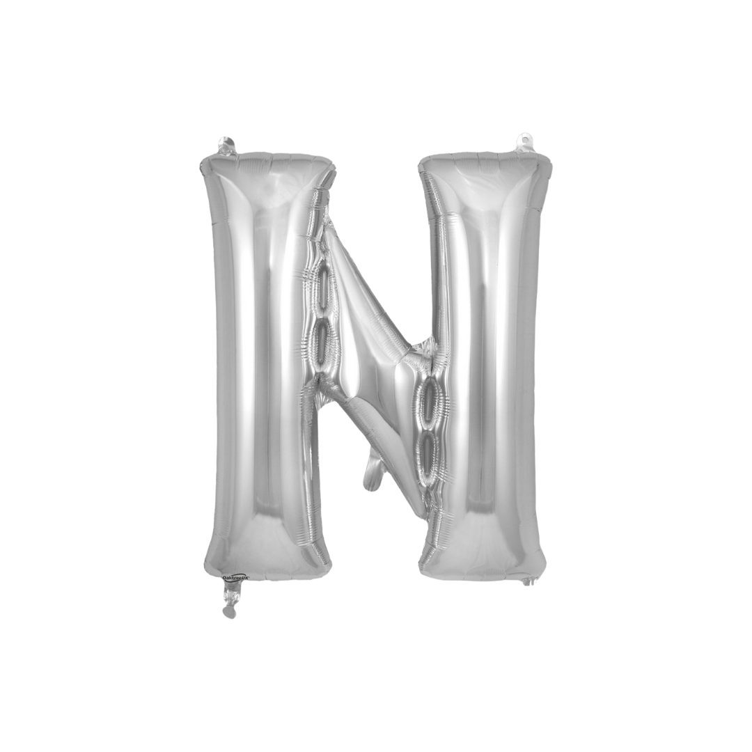 Silver 34in letter N foil balloon for birthday parties – from Parte Haus party supply store in Bethesda, Maryland.
