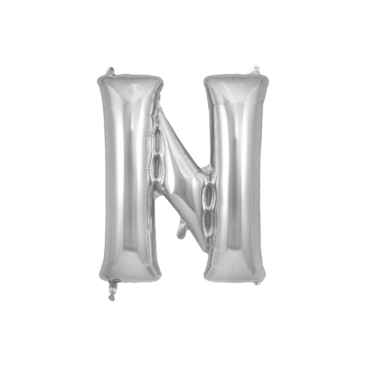 Silver 34in letter N foil balloon for birthday parties – from Parte Haus party supply store in Bethesda, Maryland.