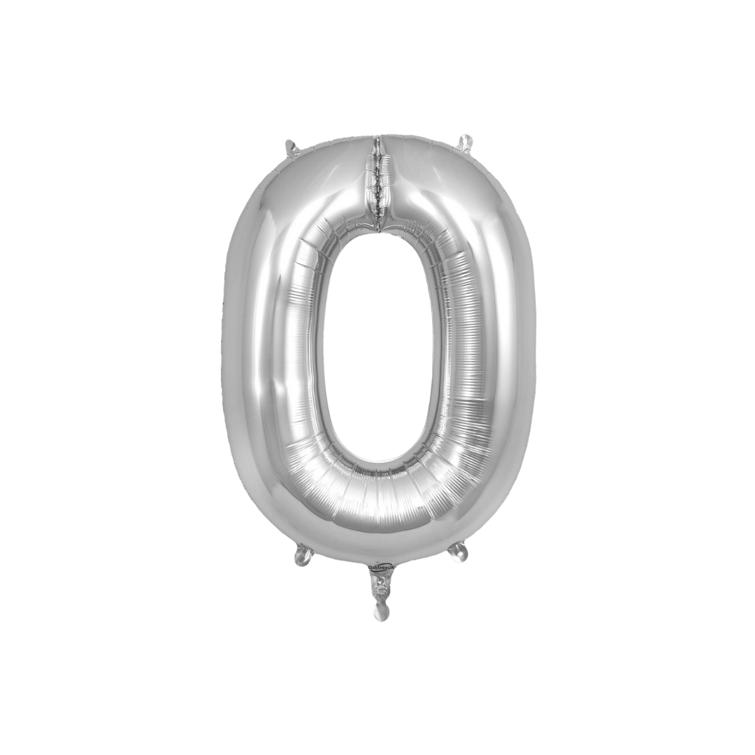 Silver 34in letter O foil balloon for birthday parties – from Parte Haus party supply store in Bethesda, Maryland.