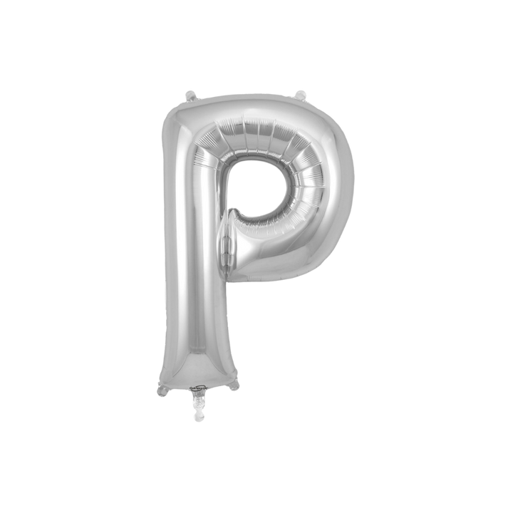 Silver 34in letter P foil balloon for birthday parties – from Parte Haus party supply store in Bethesda, MD.