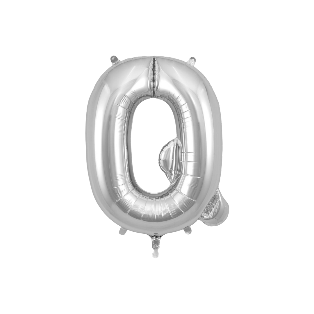 Silver 34in letter Q foil balloon for birthday parties – from Parte Haus party supply store in Bethesda, Maryland.