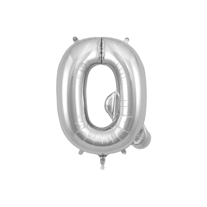 Silver 34in letter Q foil balloon for birthday parties – from Parte Haus party supply store in Bethesda, Maryland.