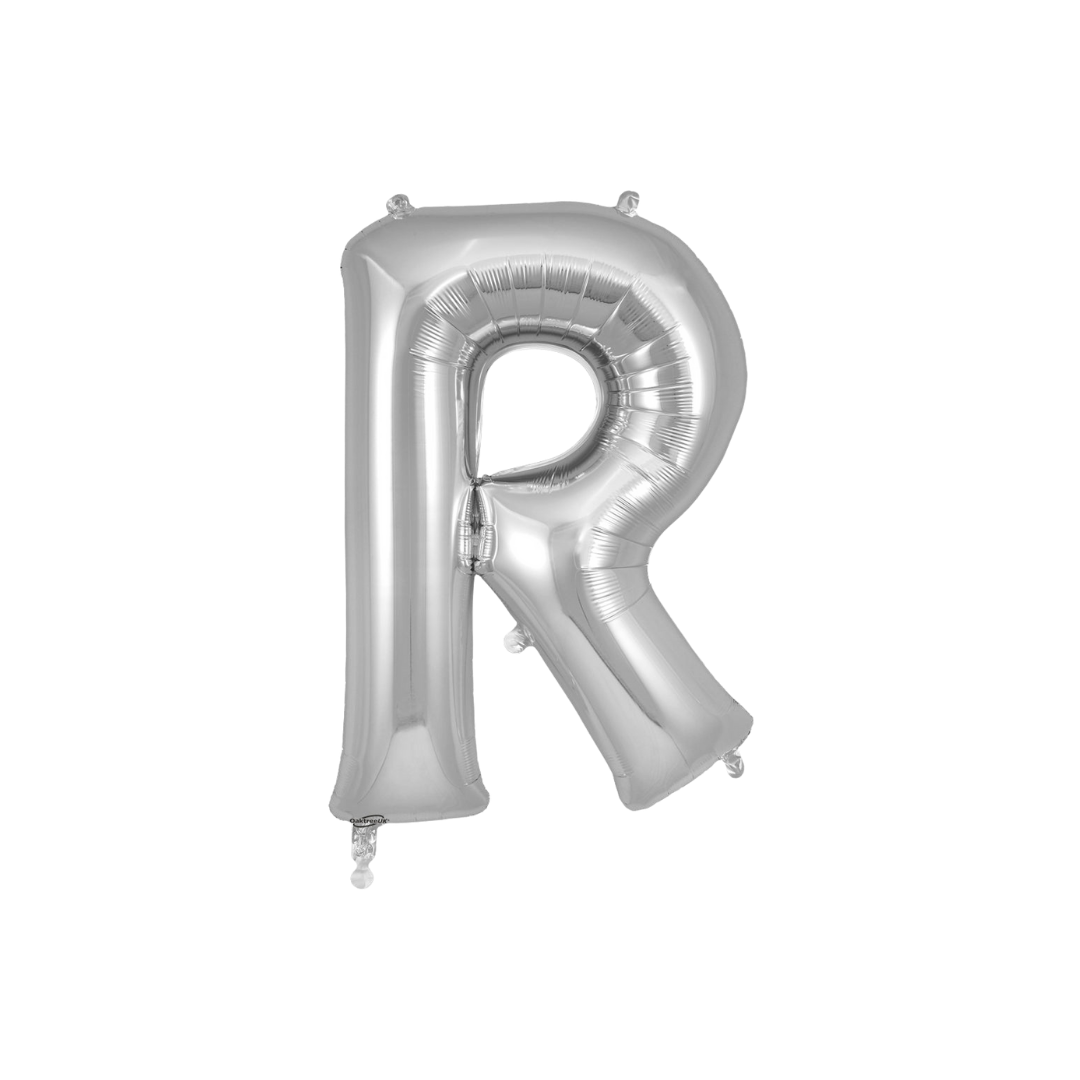 Silver 34in letter R foil balloon for birthday parties – from Parte Haus party supply store in Bethesda, MD.