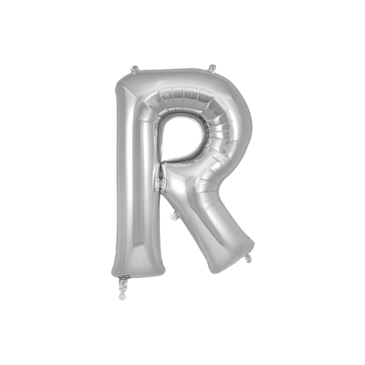 Silver 34in letter R foil balloon for birthday parties – from Parte Haus party supply store in Bethesda, MD.