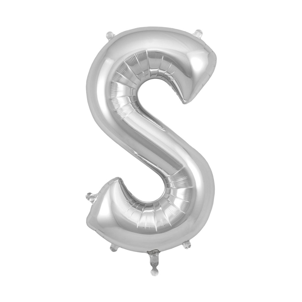 Silver letter S foil balloon birthday decoration from Parte Haus party supply store in Bethesda MD