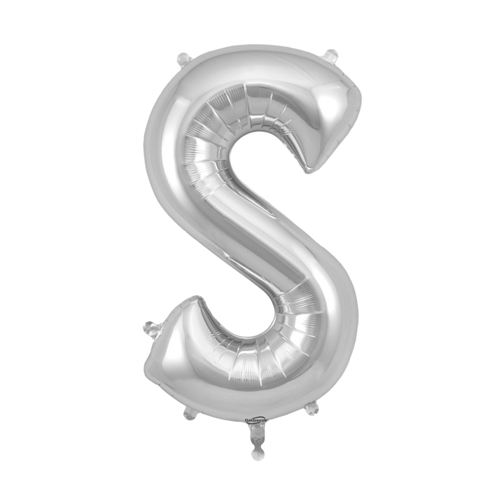 Silver 34in letter S foil balloon for birthday parties – from Parte Haus party supply store in Bethesda, Maryland.