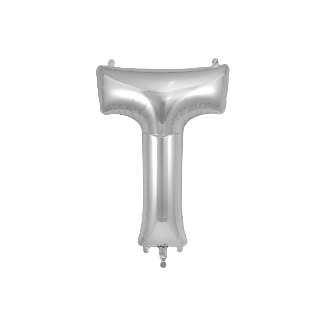 Silver 34in letter T foil balloon for birthday parties – from Parte Haus party supply store in Bethesda, MD.