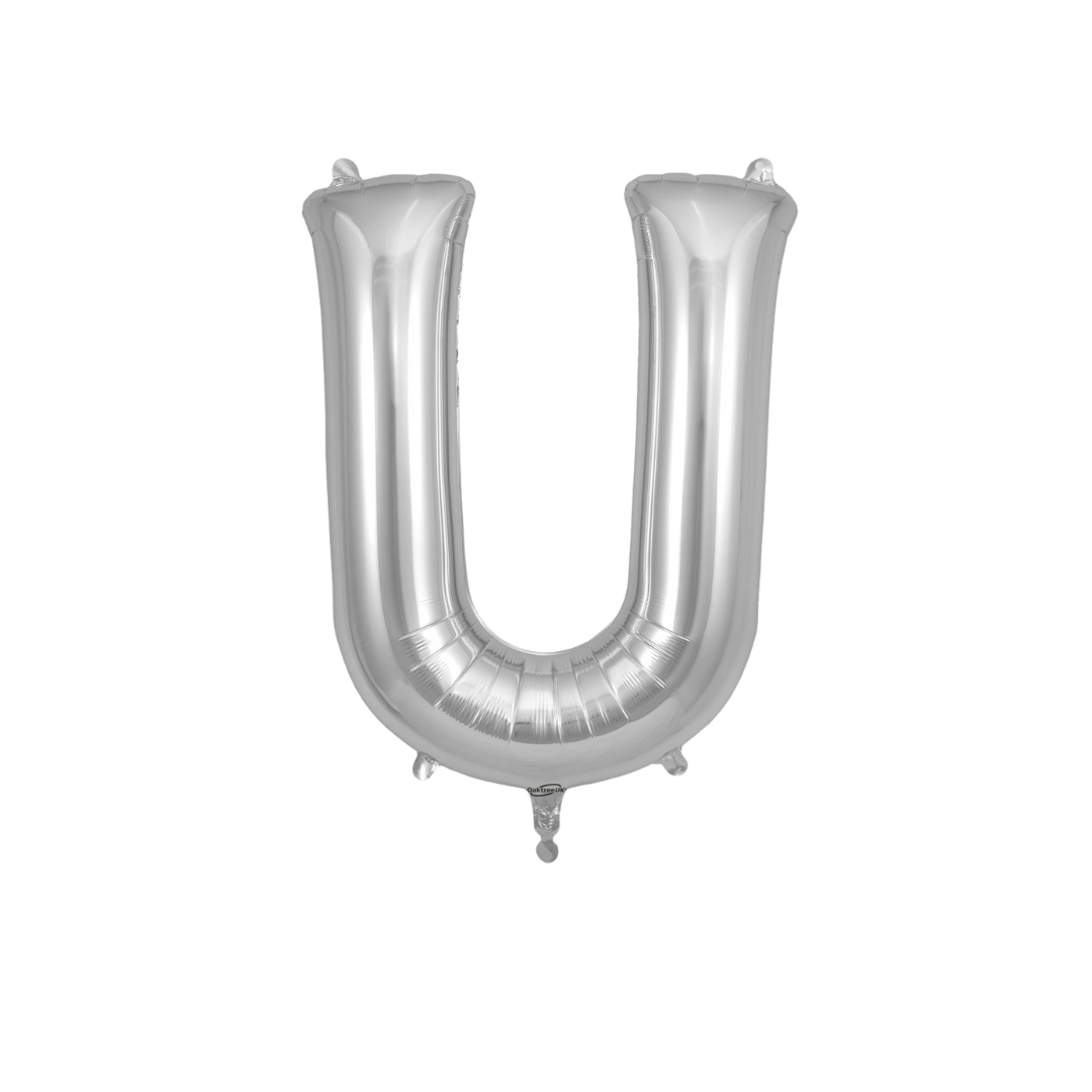 Silver 34in letter U foil balloon for birthday parties – from Parte Haus party supply store in Bethesda, Maryland.