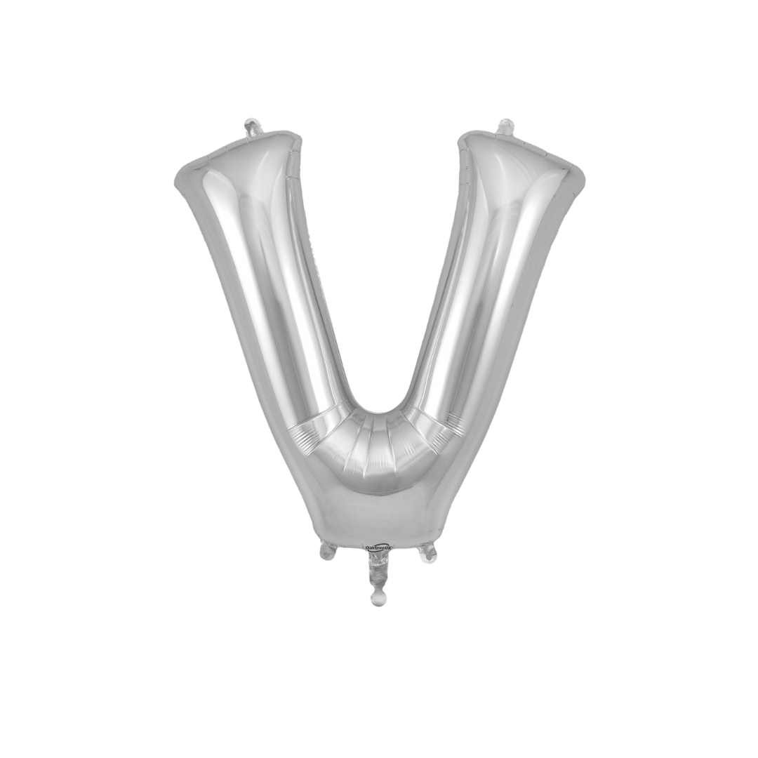Silver 34in letter V foil balloon for birthday parties – from Parte Haus party supply store in Bethesda, Maryland.