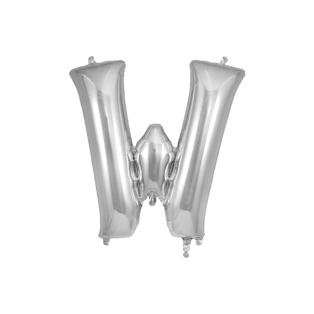 Silver 34in letter W foil balloon for birthday parties – from Parte Haus party supply store in Bethesda, MD.