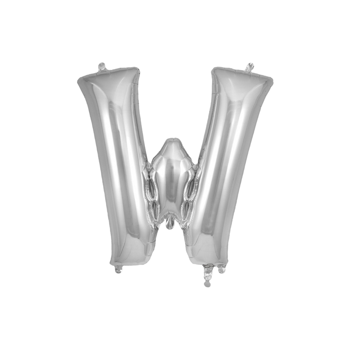 Silver 34in letter W foil balloon for birthday parties – from Parte Haus party supply store in Bethesda, MD.