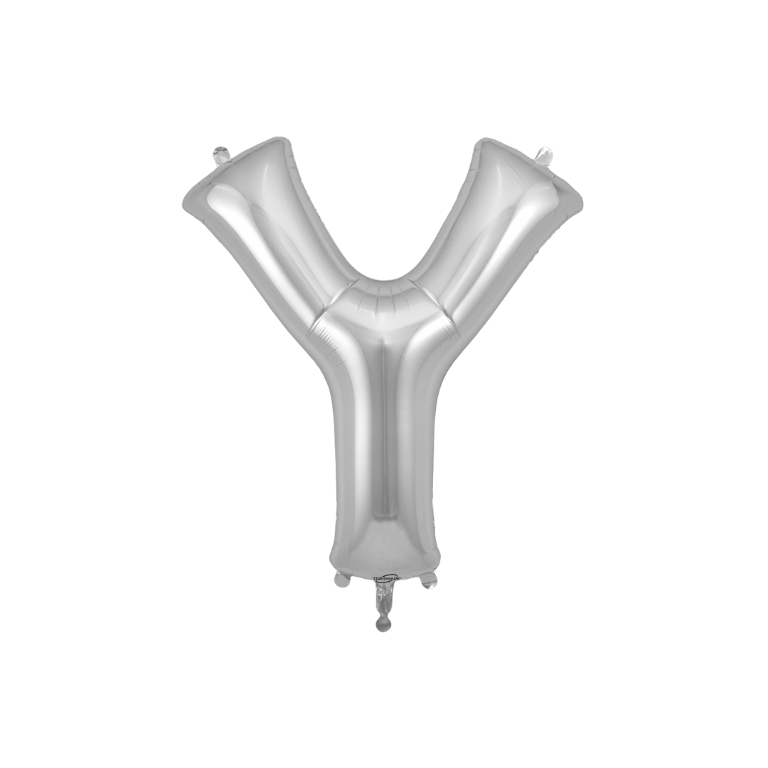 Silver 34in letter Y foil balloon for birthday parties – from Parte Haus party supply store in Bethesda, MD.