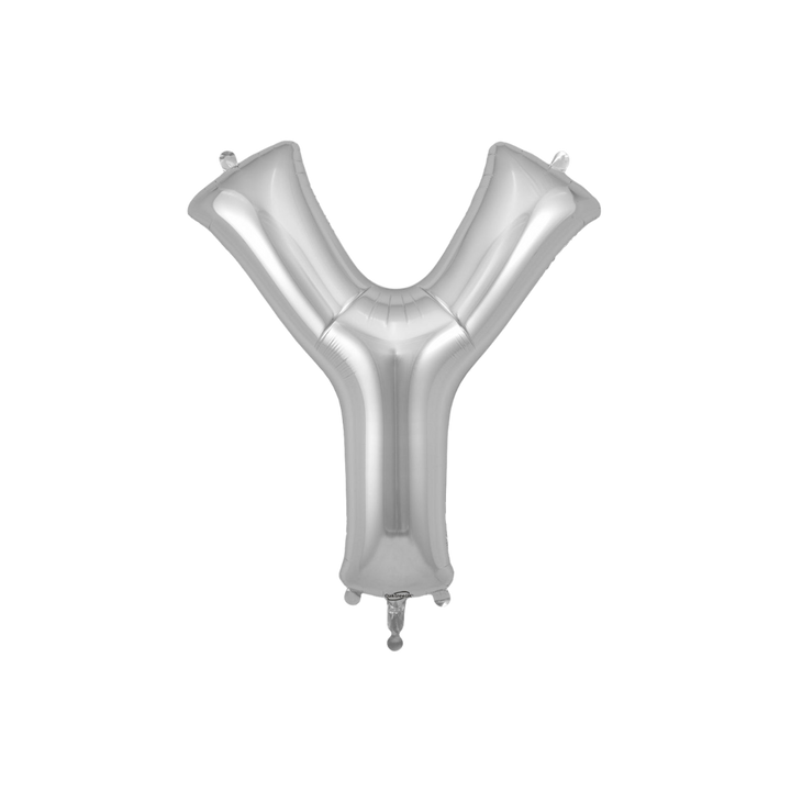 Silver 34in letter Y foil balloon for birthday parties – from Parte Haus party supply store in Bethesda, MD.