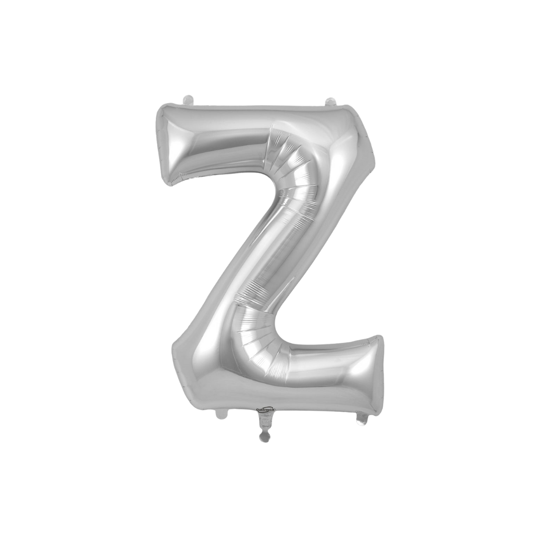 Silver 34in letter Z foil balloon for birthday parties – from Parte Haus party supply store in Bethesda, MD.