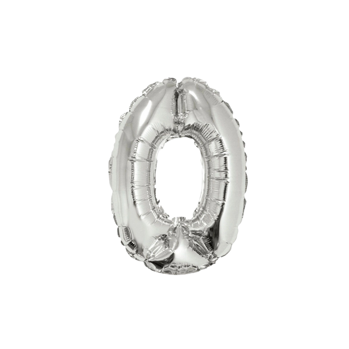 Silver 34in number 0 foil balloon for birthday parties – from Parte Haus party supply store in Bethesda, Maryland.