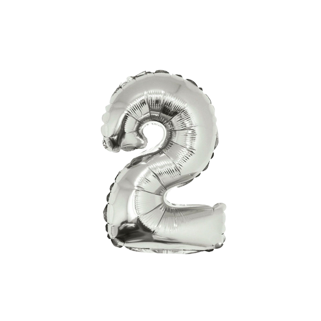 Silver 34in number 2 foil balloon for birthday parties – from Parte Haus party supply store in Bethesda, MD.
