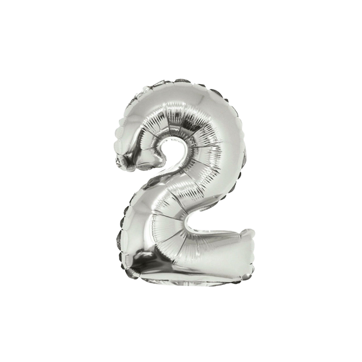 Silver 34in number 2 foil balloon for birthday parties – from Parte Haus party supply store in Bethesda, MD.