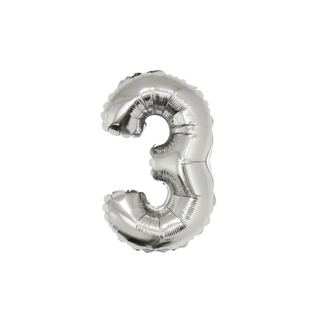 Silver 34in number 3 foil balloon for birthday parties – from Parte Haus party supply store in Bethesda, Maryland.