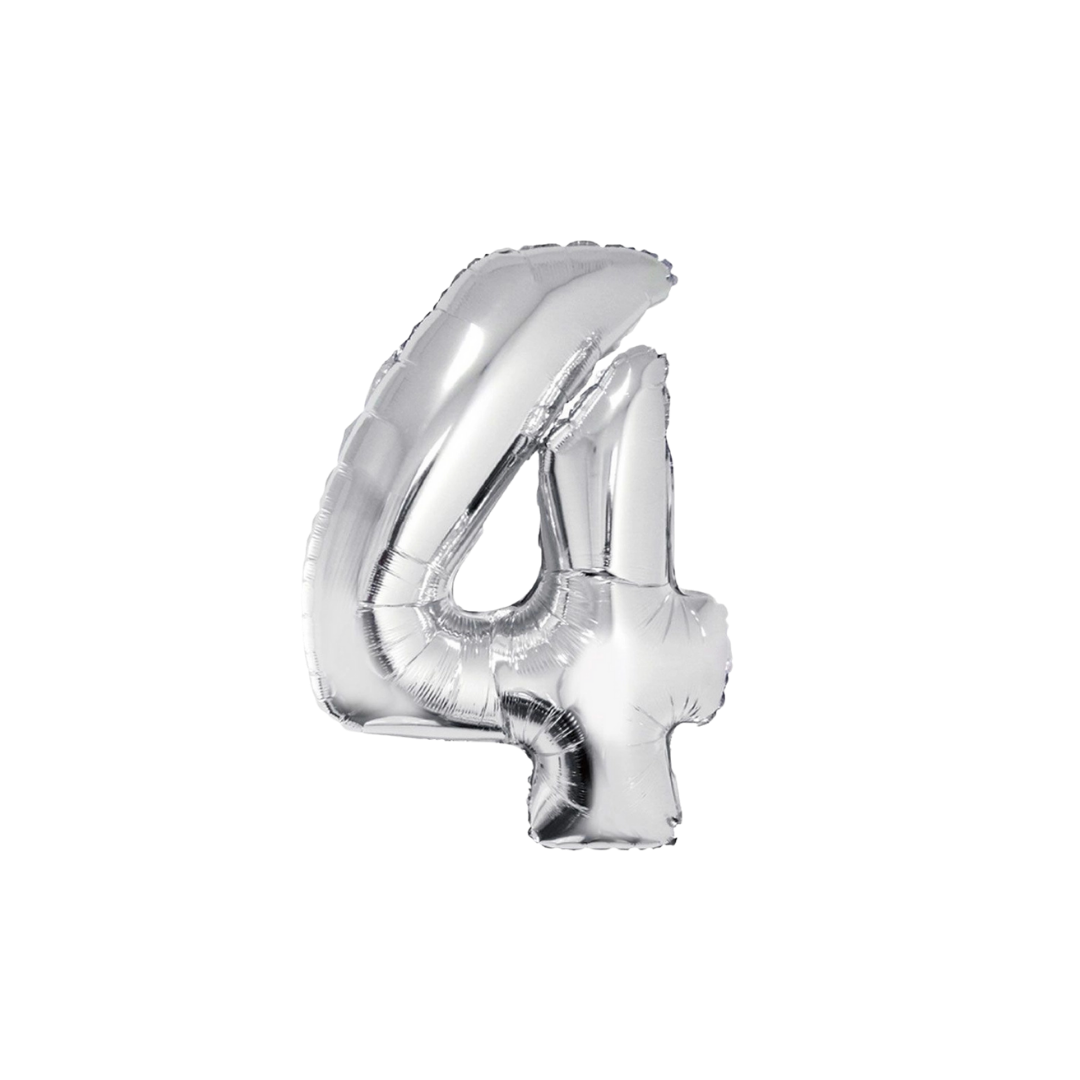 Silver 34in number 4 foil balloon for birthday parties – from Parte Haus party supply store in Bethesda, MD.