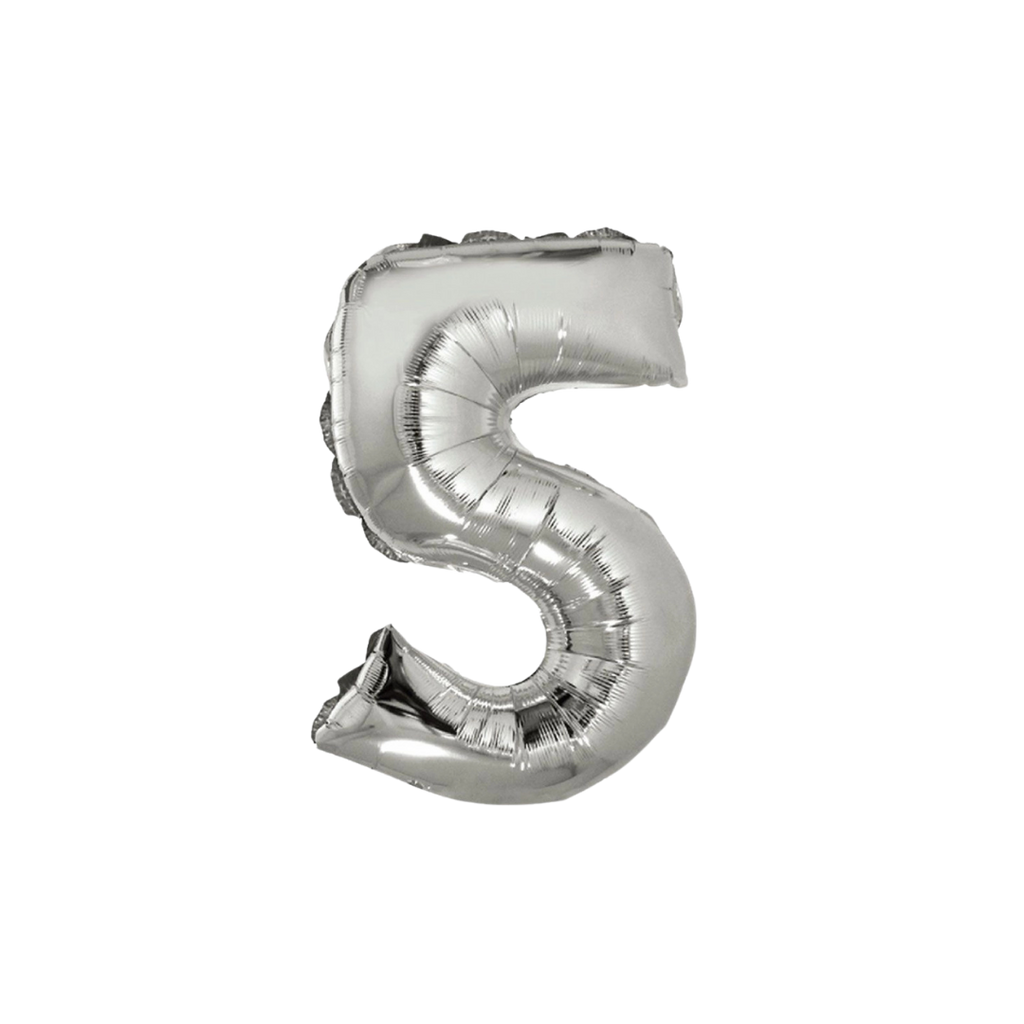 Silver number 5 foil balloon for birthday party from Parte Haus party supply store in Bethesda Maryland