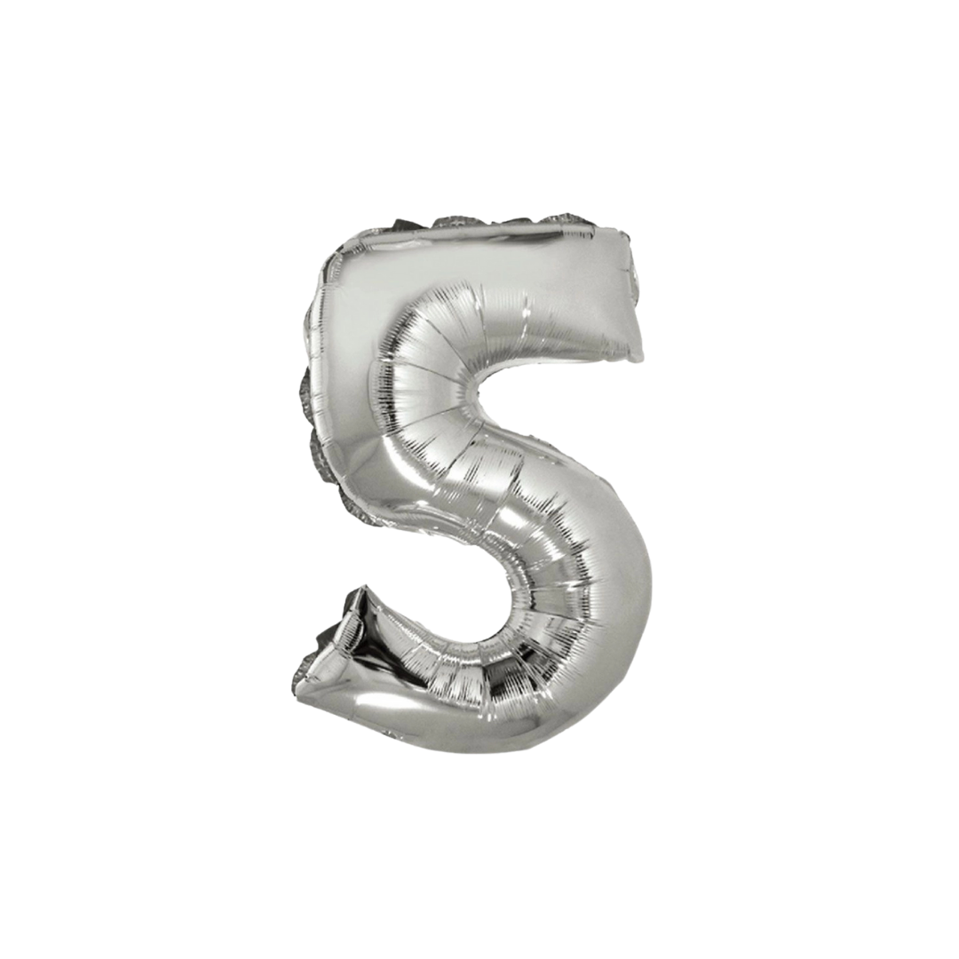 Silver 34in number 5 foil balloon for birthday parties – from Parte Haus party supply store in Bethesda, MD.