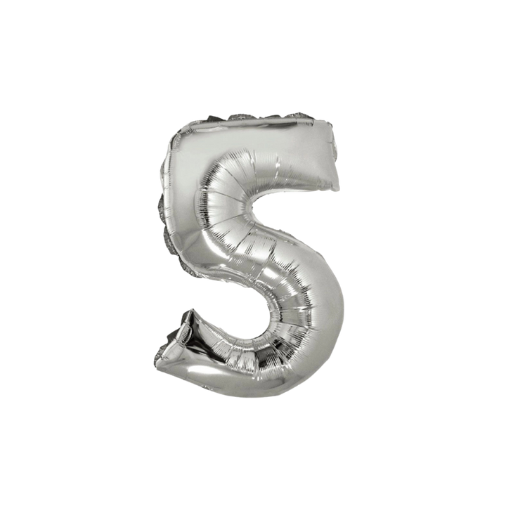 Silver 34in number 5 foil balloon for birthday parties – from Parte Haus party supply store in Bethesda, MD.