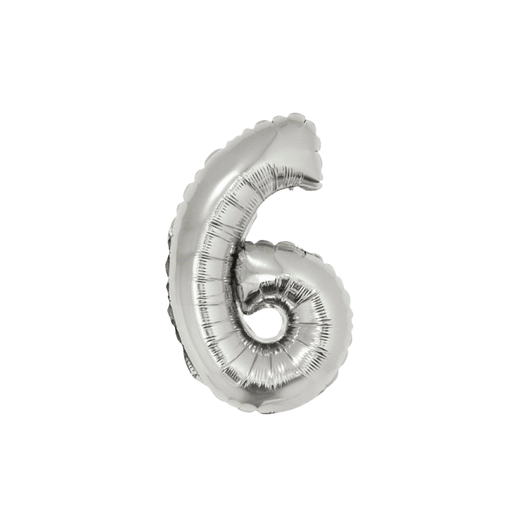 Silver 34in number 6 foil balloon for birthday parties – from Parte Haus party supply store in Bethesda, Maryland.