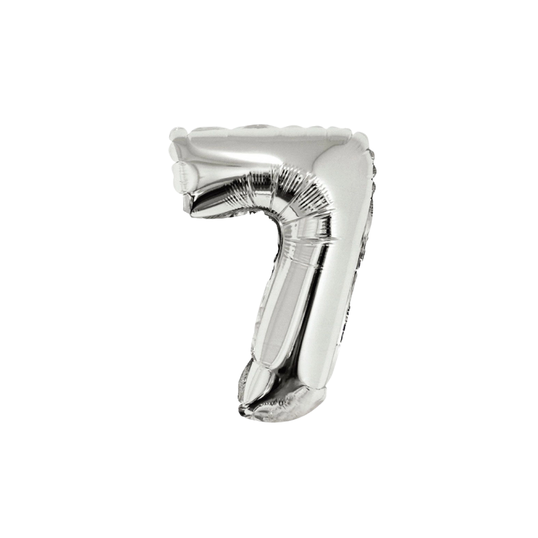 Silver 34in number 7 foil balloon for birthday parties – from Parte Haus party supply store in Bethesda, Maryland.