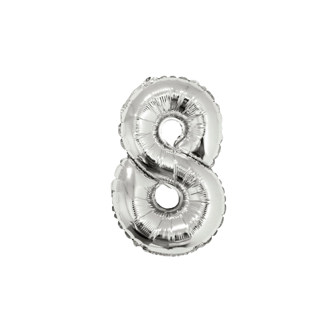 Silver 34in number 8 foil balloon for birthday parties – from Parte Haus party supply store in Bethesda, Maryland.