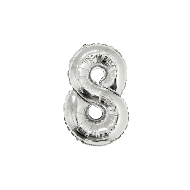 Silver 34in number 8 foil balloon for birthday parties – from Parte Haus party supply store in Bethesda, Maryland.