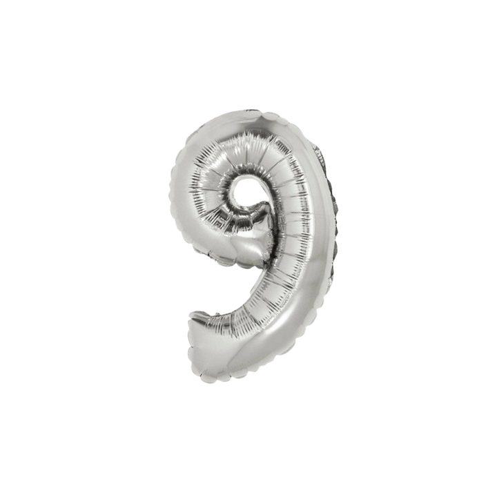 Silver 34in number 9 foil balloon for birthday parties – from Parte Haus party supply store in Bethesda, MD.