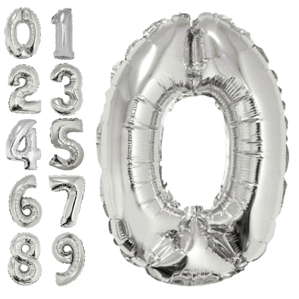 Silver number balloons shaped 0 to 9 birthday decoration from Parte Haus party supply store in Bethesda MD