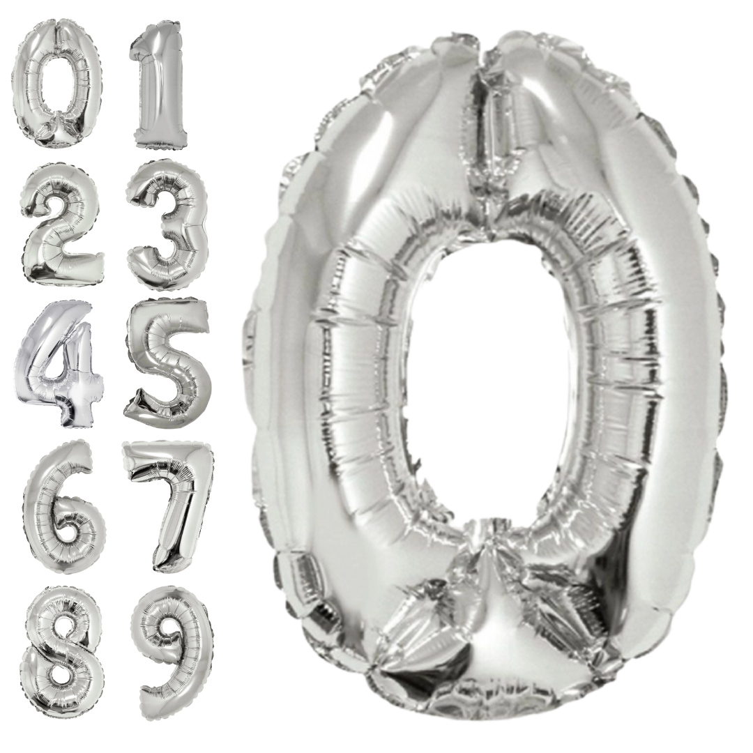 Silver 34in number balloons 0–9 for birthday parties – from Parte Haus party supply store in Bethesda, Maryland.