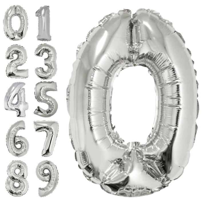 Silver 34in number balloons 0–9 for birthday parties – from Parte Haus party supply store in Bethesda, Maryland.