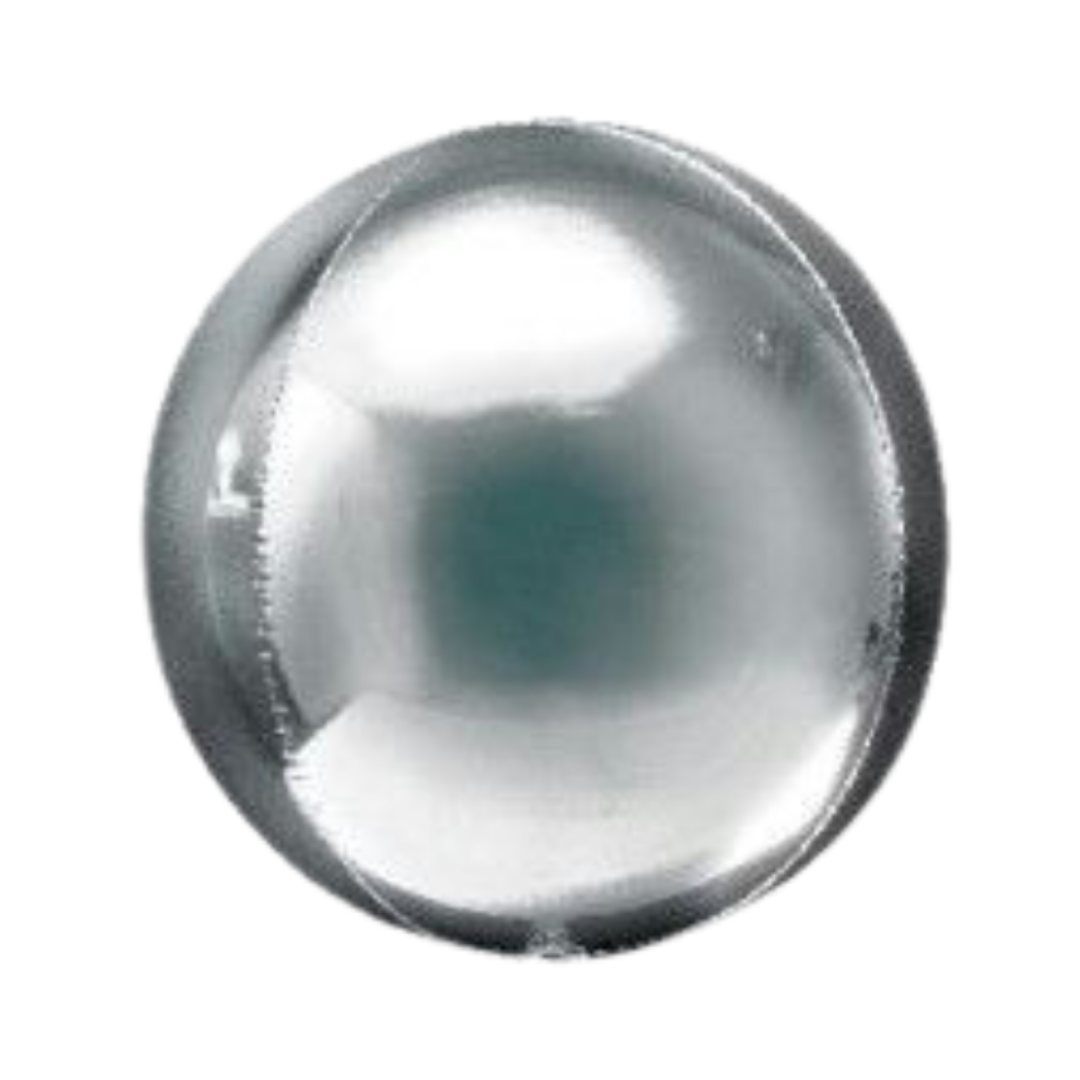 Silver 16in orbz foil balloon for birthday parties – from Parte Haus party supply store in Bethesda, Maryland.