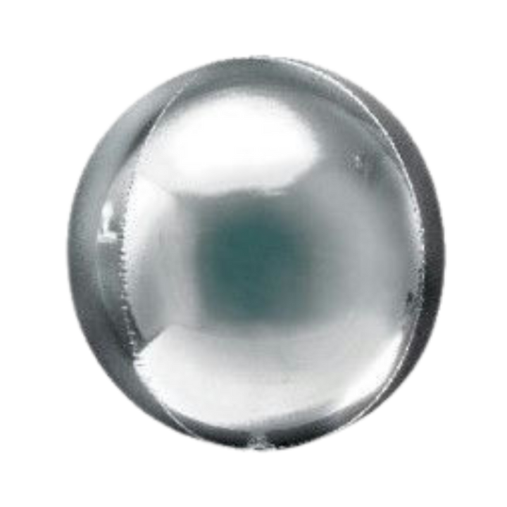 Silver 16in orbz foil balloon for birthday parties – from Parte Haus party supply store in Bethesda, Maryland.