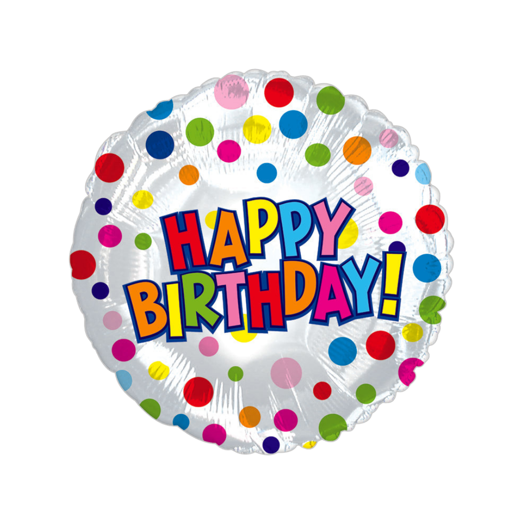 Silver 17in Happy Birthday foil balloon with rainbow dots for birthday parties – from Parte Haus party supply store in Bethesda, Maryland.