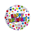 Silver rainbow dots foil balloon with colorful happy birthday text birthday theme from Parte Haus party supply store in Bethesda Maryland