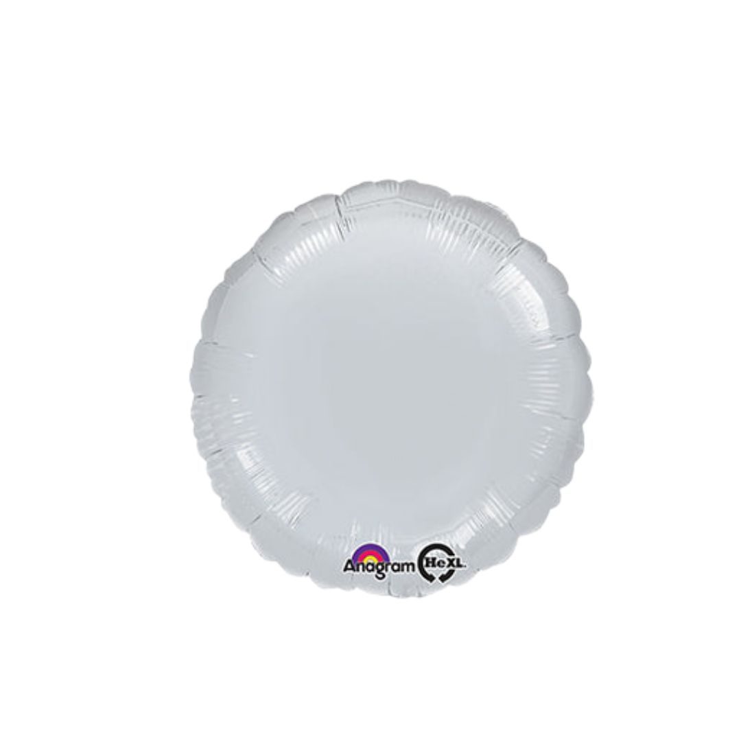 Silver 18in round foil balloon with a glossy finish for birthdays, weddings, and graduations – from Parte Haus party supply store in Bethesda, MD.
