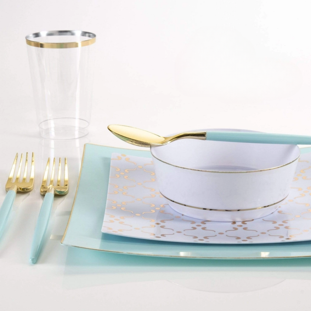 Mint Square Gold Rimmed Reusable Plates - 2 Sizes