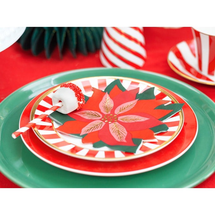 Red and green Christmas plate set with poinsettia napkin and candy cane treat for holiday from Parte Haus party supply store in Bethesda Maryland